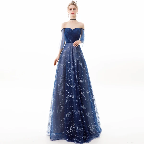 Stylowe / Modne Granatowe Sukienki Wieczorowe 2019 Princessa Przy Ramieniu Gwiazda Cekiny Kótkie Rękawy Bez Pleców Długie Sukienki Wizytowe