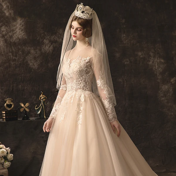 Élégant Champagne Robe De Mariée 2019 Princesse Encolure Dégagée En Dentelle Fleur Manches Longues Dos Nu Chapel Train
