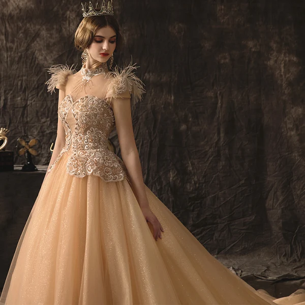 High-end Champagne Wedding Dresses 2019 A-Line / Princess High Neck Beading Sequins Lace Flower Short Sleeve Tassel Backless Cathedral Train