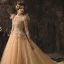 High-end Champagne Wedding Dresses 2019 A-Line / Princess High Neck Beading Sequins Lace Flower Short Sleeve Tassel Backless Cathedral Train