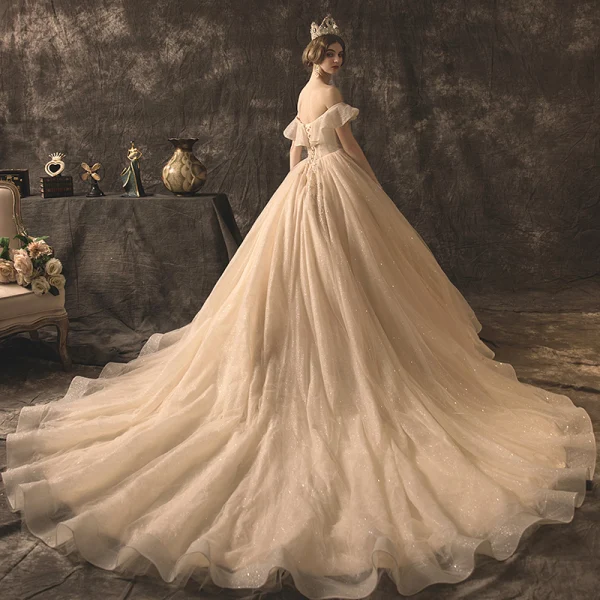 High-end Champagne Wedding Dresses 2019 A-Line / Princess Off-The-Shoulder Beading Sequins Lace Flower Sleeveless Backless Glitter Royal Train