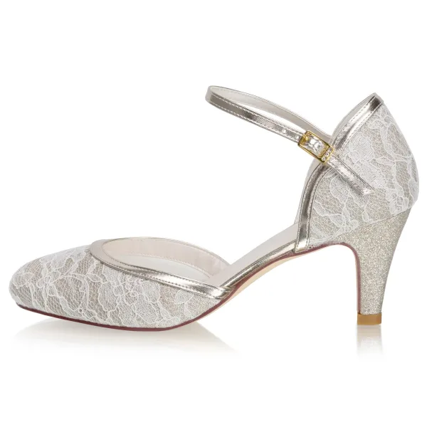 Mode Champagne En Dentelle Chaussure De Mariée 2021 Satin 6 cm Talons Aiguilles À Bout Rond Mariage Talons Hauts