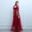 Chinese style Burgundy Evening Dresses  2019 A-Line / Princess High Neck Buttons Beading Bow Lace Flower Long Sleeve Backless Floor-Length / Long Formal Dresses