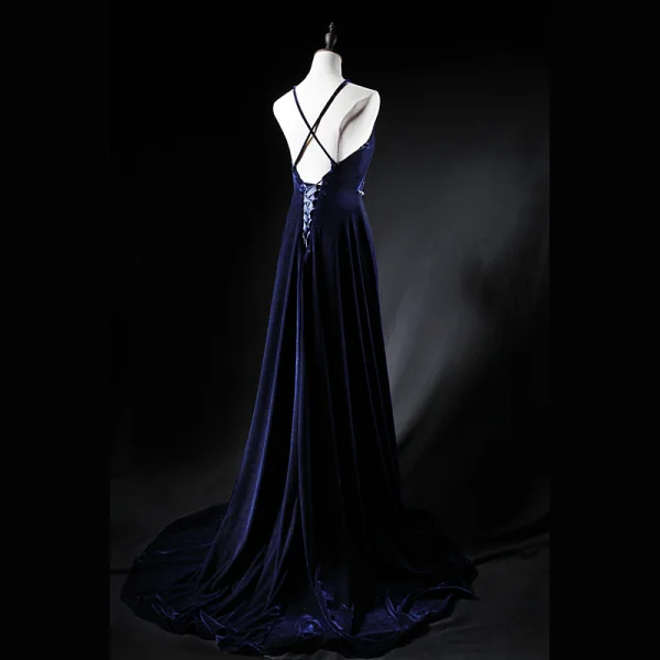Sexy Marineblau Abendkleider 2019 A Linie Wildleder Neckholder Ärmellos Rückenfreies Sweep / Pinsel Zug Festliche Kleider