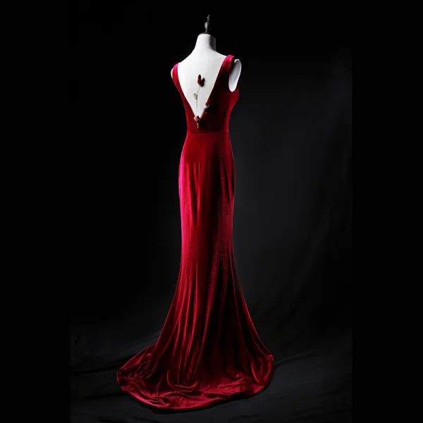 Classic Burgundy Evening Dresses 2019 Trumpet / Mermaid Suede Square Neckline Beading Sleeveless Backless Sweep Train Formal Dresses