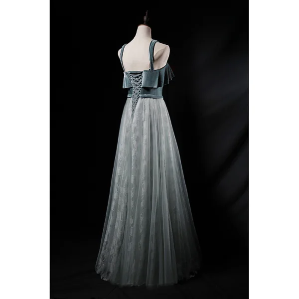Chic / Beautiful Jade Green Evening Dresses 2019 A-Line / Princess Spaghetti Straps Suede Sleeveless Backless Floor-Length / Long Formal Dresses