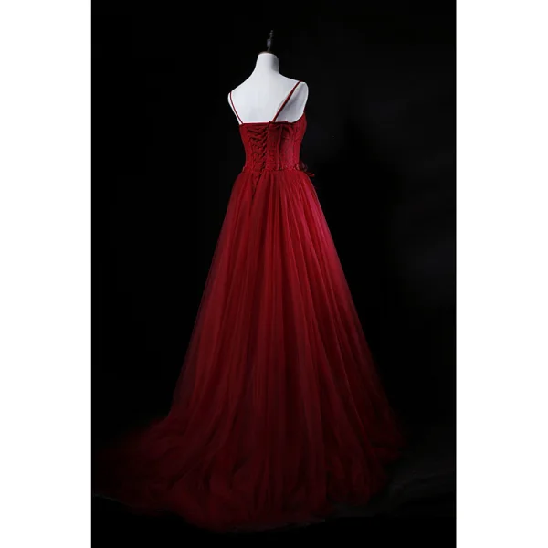 Chic / Belle Bordeaux Robe De Soirée 2019 Princesse Bretelles Spaghetti En Dentelle Fleur Paillettes Faux Diamant Sans Manches Dos Nu Longue Robe De Ceremonie