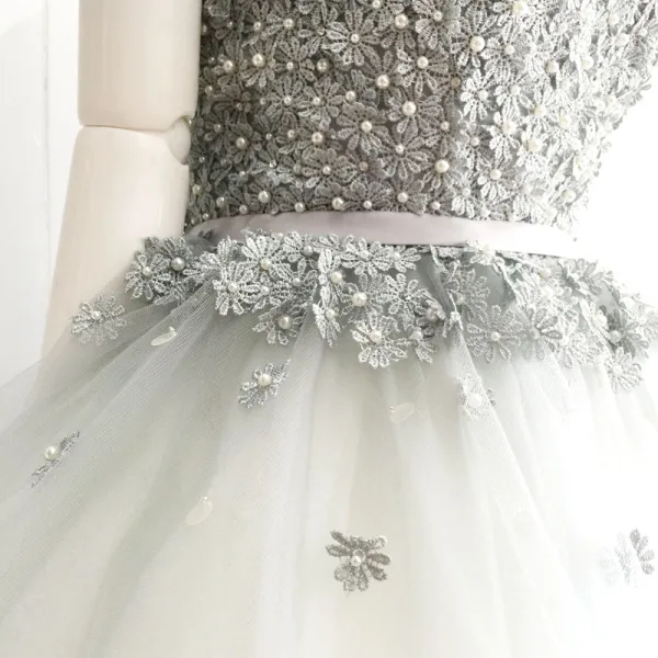 Sexy Grå Cocktailkjoler 2018 Ballkjole Blonder Appliques Perle Sash Kjæreste Ryggløse Korte Uten Ermer Formelle Kjoler