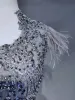 High End Grau Abendkleider 2019 A Linie U-Ausschnitt Handgefertigt Perlenstickerei Kristall Spitze Blumen Ärmellos Feder Sweep / Pinsel Zug Festliche Kleider