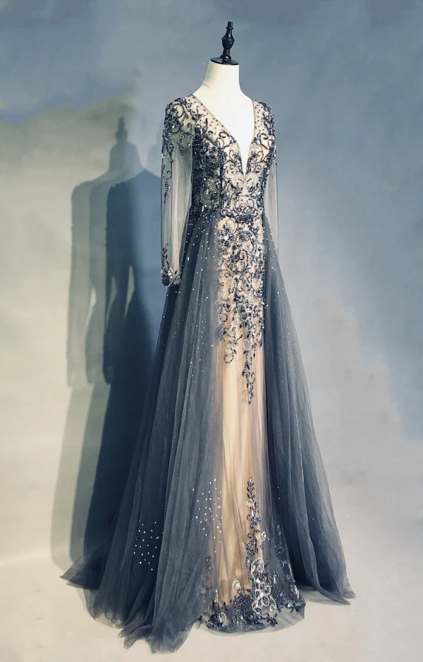 High End Marineblau Abendkleider 2019 A Linie V-Ausschnitt Handgefertigt Perlenstickerei Kristall Strass Lange Ärmel Sweep / Pinsel Zug Festliche Kleider