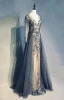 High End Marineblau Abendkleider 2019 A Linie V-Ausschnitt Handgefertigt Perlenstickerei Kristall Strass Lange Ärmel Sweep / Pinsel Zug Festliche Kleider