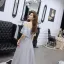 Charming Grey Evening Dresses  2019 A-Line / Princess Off-The-Shoulder Beading Pearl Rhinestone Lace Flower Short Sleeve Backless Floor-Length / Long Formal Dresses