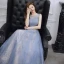 Modern / Fashion Ocean Blue Evening Dresses  2019 A-Line / Princess Scoop Neck Beading Sequins Lace Flower Sleeveless Backless Floor-Length / Long Formal Dresses