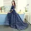 Modern / Fashion Navy Blue Evening Dresses  2019 A-Line / Princess Scoop Neck Star Sequins Bell sleeves Backless Court Train Formal Dresses