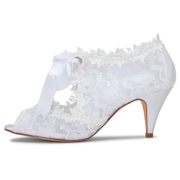 Piękne Białe Satyna Z Koronki Buty Ślubne 2021 Kokarda 6 cm Szpilki Peep Toe Ślub Wysokie Obcasy