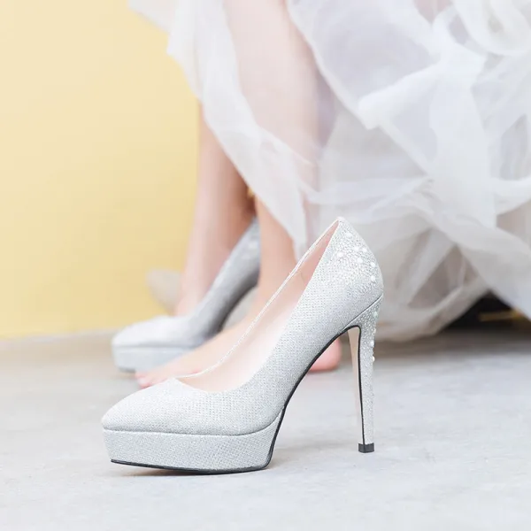 Sparkly Sølv Brudesko 2019 Rhinestone 12 cm Stiletthæler Spisse Bryllup Pumps