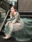 Chic / Beautiful Sage Green Evening Dresses  2019 A-Line / Princess Scoop Neck Lace Flower Appliques Long Sleeve Backless Tea-length Formal Dresses