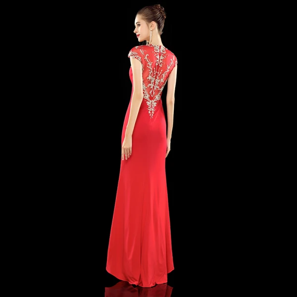 Classy Red Evening Dresses 2019 A-Line / Princess Scoop Neck Rhinestone Lace Flower Cap Sleeves Split Front Floor-Length / Long Formal Dresses