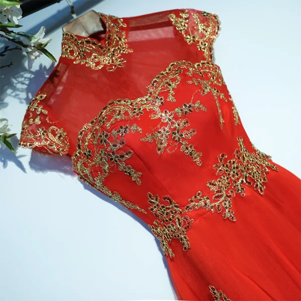 Chic / Beautiful Red Formal Dresses Evening Dresses 2017 Lace Flower Sequins Short Sleeve High Neck Floor-Length / Long A-Line / Princess