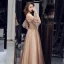 Chic / Beautiful Champagne Evening Dresses  2019 A-Line / Princess Off-The-Shoulder Beading Lace Flower Short Sleeve Backless Floor-Length / Long Formal Dresses