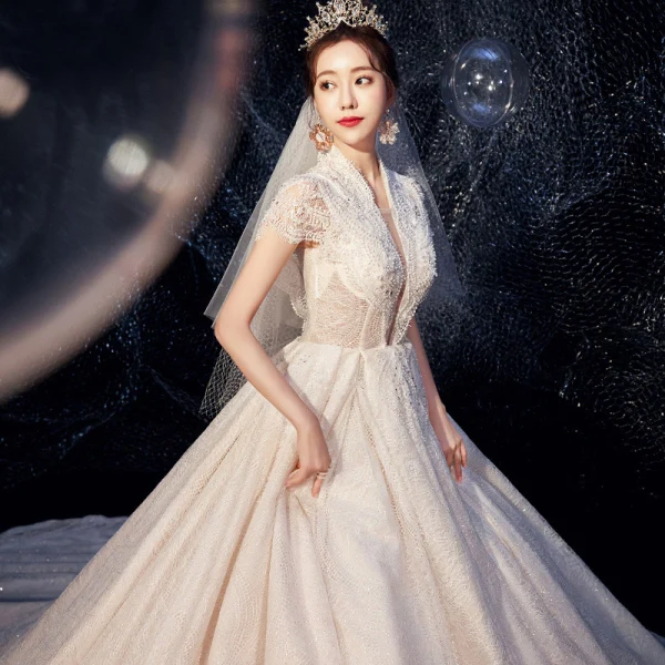 Fabulous Champagne Wedding Dresses 2019 A-Line / Princess High Neck Beading Sequins Lace Flower Short Sleeve Royal Train