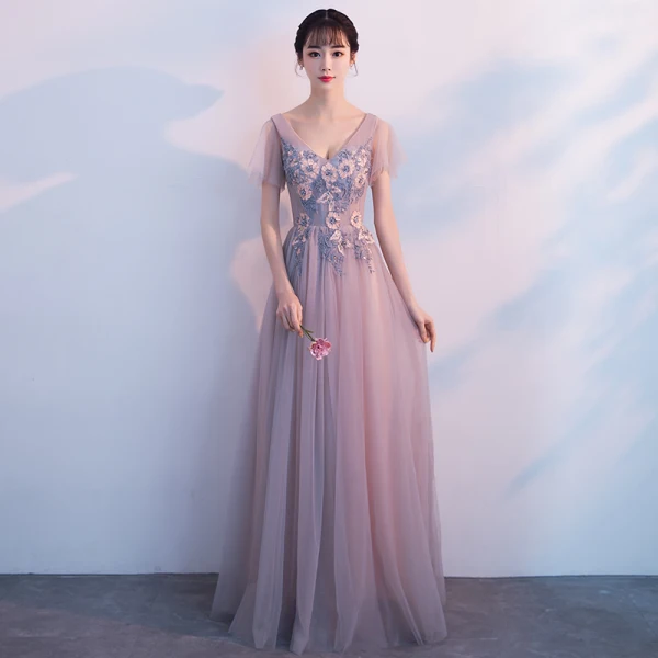 Chic / Beautiful Pearl Pink Prom Dresses 2018 A-Line / Princess Beading Crystal Lace Appliques V-Neck Backless Short Sleeve Floor-Length / Long Formal Dresses