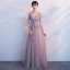 Chic / Beautiful Pearl Pink Prom Dresses 2018 A-Line / Princess Beading Crystal Lace Appliques V-Neck Backless Short Sleeve Floor-Length / Long Formal Dresses