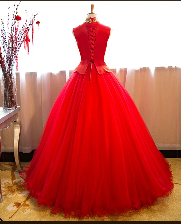 Chinese style Transparent Red Prom Dresses 2019 A-Line / Princess High Neck Beading Sequins Crystal Lace Appliques Sleeveless Floor-Length / Long Formal Dresses