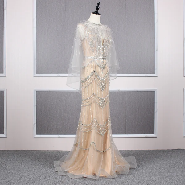 Haut de Gamme Champagne Détachable Avec Châle Robe De Soirée 2019 Trompette / Sirène V-Cou Fait main Perlage Cristal Faux Diamant Sans Manches Dos Nu Train De Balayage Robe De Ceremonie