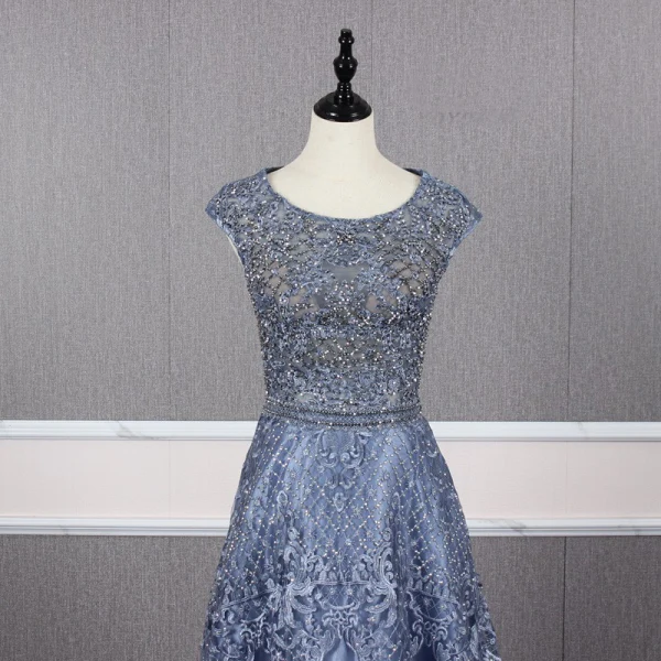 Haut de Gamme Océan Bleu Robe De Soirée 2019 Princesse Encolure Dégagée Fait main Perlage Cristal Faux Diamant En Dentelle Fleur Sans Manches Longue Robe De Ceremonie