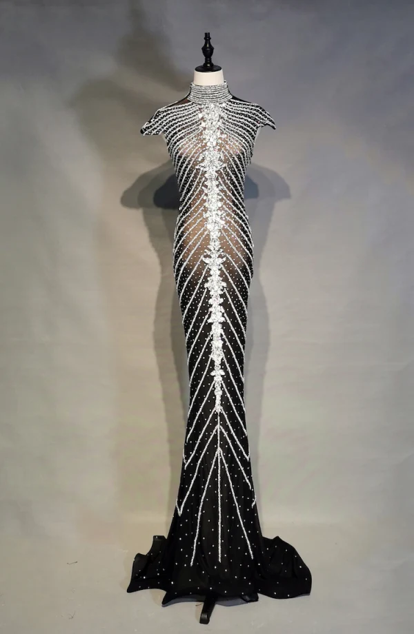 Luxe Noire Robe De Soirée 2019 Trompette / Sirène Col Haut Fait main Perlage Cristal Faux Diamant Mancherons Train De Balayage Robe De Ceremonie