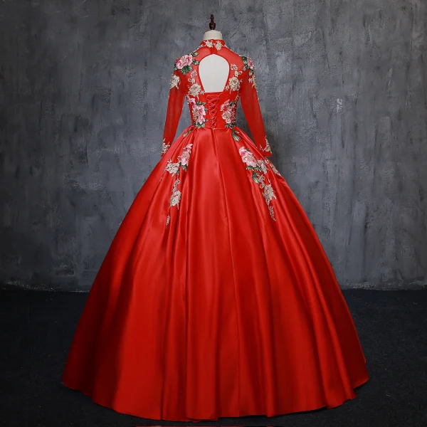 Chinese style Vintage / Retro Red Quinceañera Prom Dresses 2019 Ball Gown High Neck Pearl Lace Flower Long Sleeve Backless Floor-Length / Long Formal Dresses