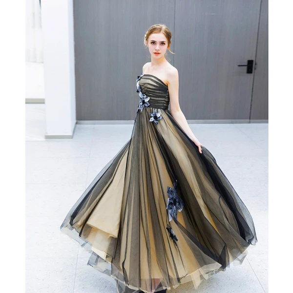 Chic / Beautiful Black Evening Dresses 2019 A-Line / Princess Strapless Beading Appliques Sleeveless Backless Floor-Length / Long Formal Dresses