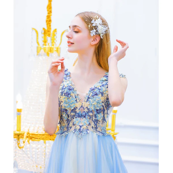 Modern / Fashion Sky Blue Evening Dresses 2019 A-Line / Princess V-Neck Beading Pearl Rhinestone Lace Flower Sleeveless Backless Sweep Train Formal Dresses