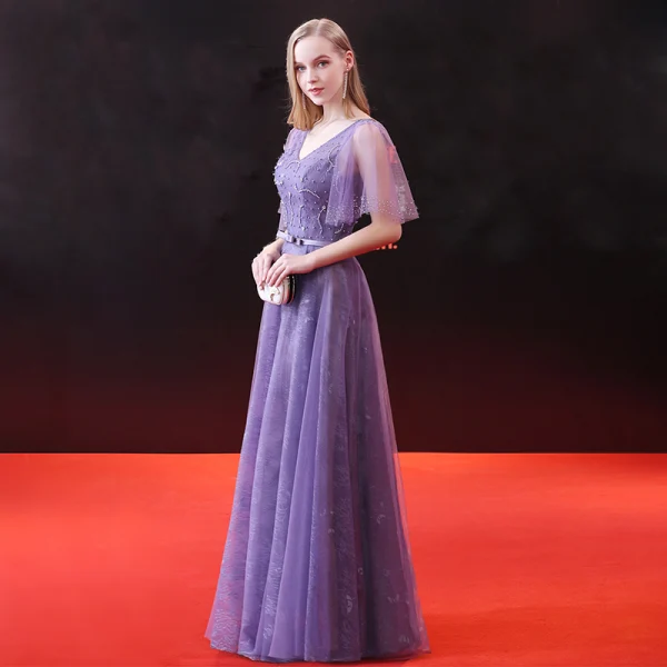 Chic / Beautiful Lilac Evening Dresses 2018 A-Line / Princess Beading Rhinestone Bow V-Neck Backless Short Sleeve Floor-Length / Long Formal Dresses