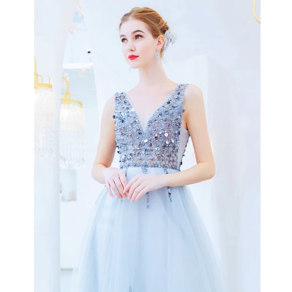 Charming Silver Evening Dresses  2019 A-Line / Princess V-Neck Beading Sequins Sleeveless Backless Floor-Length / Long Formal Dresses