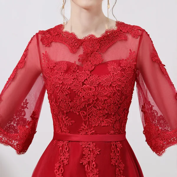 Chic / Beautiful Burgundy Evening Dresses 2019 A-Line / Princess Scoop Neck Appliques Lace Sash 1/2 Sleeves Floor-Length / Long Formal Dresses