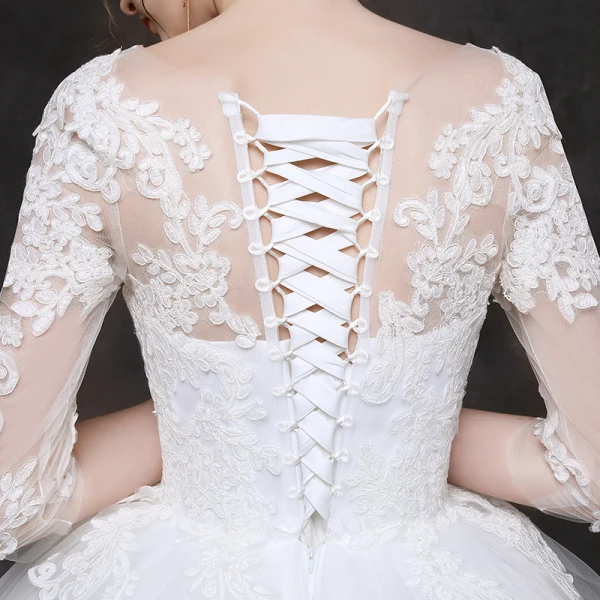 Classy White Pregnant Wedding Dresses 2019 Ball Gown Scoop Neck Appliques Lace 1/2 Sleeves Backless Floor-Length / Long