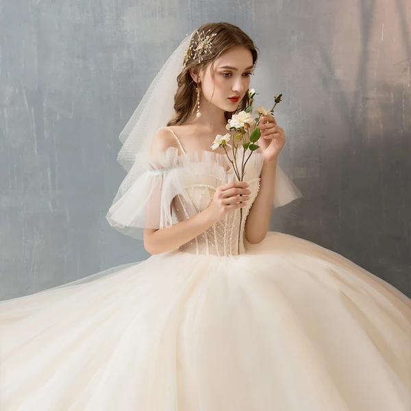 Élégant Champagne Robe De Mariée 2019 Princesse Bretelles Spaghetti Perlage Paillettes Volants Manches Courtes Dos Nu Longue
