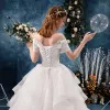 Modern / Fashion White Wedding Dresses 2019 Ball Gown Off-The-Shoulder Beading Sequins Lace Flower Short Sleeve Backless Cascading Ruffles Floor-Length / Long