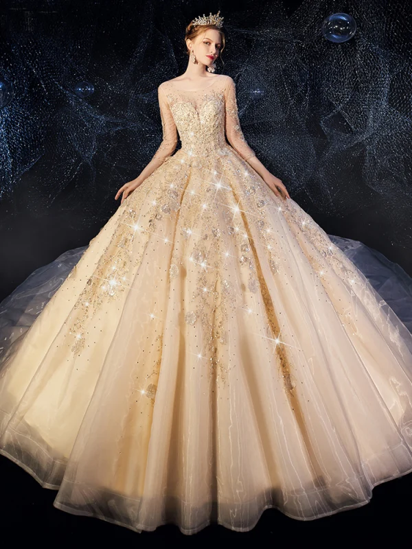 High-end Champagne Wedding Dresses 2019 A-Line / Princess Scoop Neck Beading Appliques Lace Flower Rhinestone 3/4 Sleeve Backless Glitter Royal Train