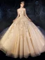High-end Champagne Wedding Dresses 2019 A-Line / Princess Scoop Neck Beading Appliques Lace Flower Rhinestone 3/4 Sleeve Backless Glitter Royal Train