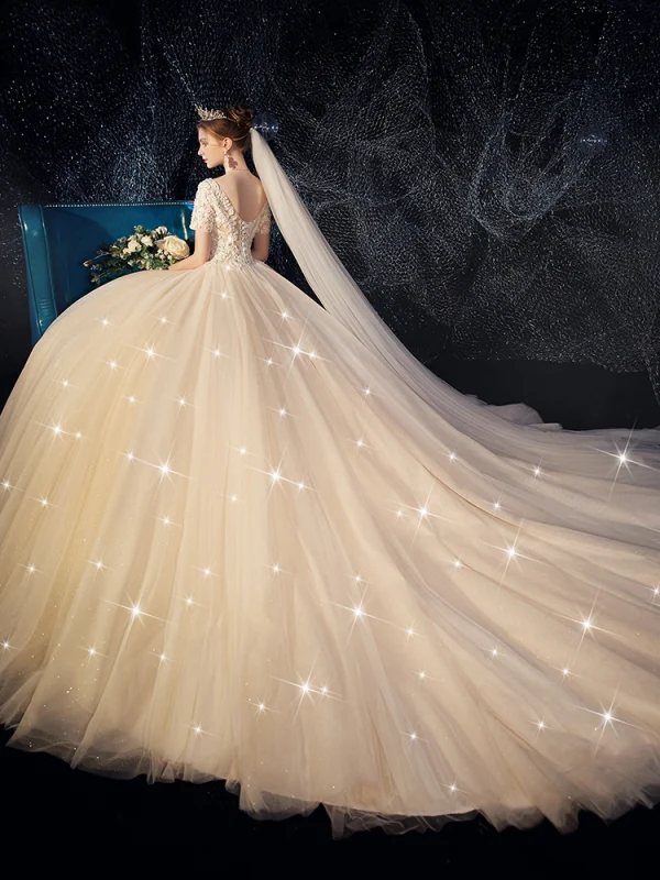 High-end Champagne Bröllopsklänningar 2019 Prinsessa V-Hals Beading Paljetter Spets Blomma Korta ärm Halterneck Cathedral Train