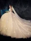 High-end Champagne Bröllopsklänningar 2019 Prinsessa V-Hals Beading Paljetter Spets Blomma Korta ärm Halterneck Cathedral Train