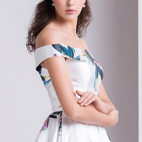 Modern / Fashion Ivory Evening Dresses 2019 A-Line / Princess Off-The-Shoulder Printing Short Sleeve Backless Floor-Length / Long Formal Dresses