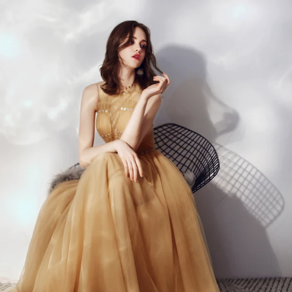 Chic / Beautiful Gold Ruffle Evening Dresses 2019 A-Line / Princess Scoop Neck Beading Lace Flower Sleeveless Floor-Length / Long Formal Dresses