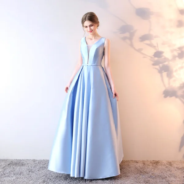 Chic / Beautiful Sky Blue Evening Dresses  2019 A-Line / Princess V-Neck Crystal Lace Flower Sleeveless Bow Floor-Length / Long Formal Dresses