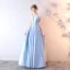 Chic / Beautiful Sky Blue Evening Dresses  2019 A-Line / Princess V-Neck Crystal Lace Flower Sleeveless Bow Floor-Length / Long Formal Dresses