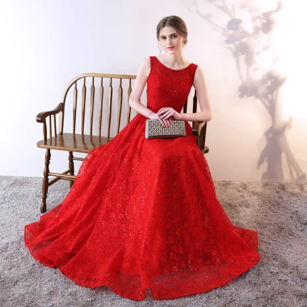 Chic / Belle Perle Rose Robe De Soirée 2019 Princesse Encolure Dégagée Paillettes En Dentelle Fleur Sans Manches Longue Robe De Ceremonie