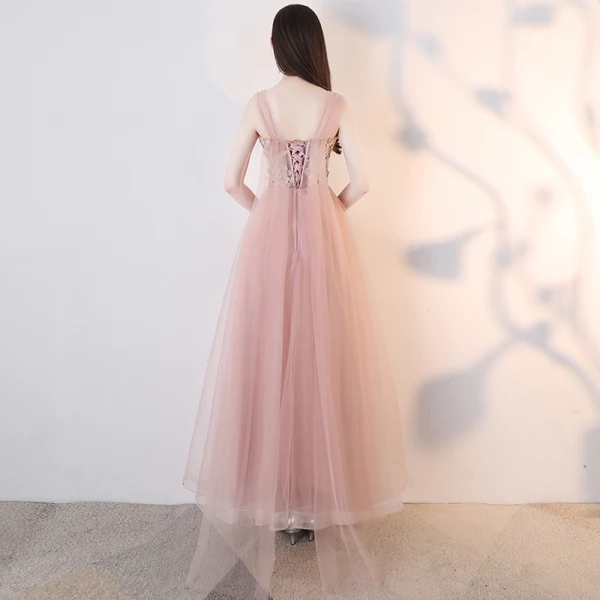 Chic / Beautiful Nude Prom Dresses 2018 A-Line / Princess Lace Appliques Pearl Rhinestone Off-The-Shoulder Backless Sleeveless Ankle Length Formal Dresses